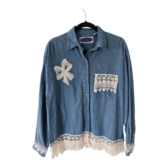Blue Diamond Denim Shirt Women Sz L Chambray Lace Embroidery 90s Classic… - Picture 1 of 16